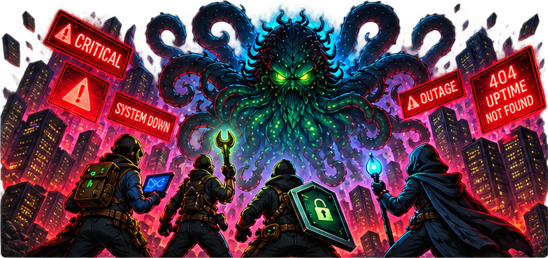An IT response team confronting a tentacled outage in a data center